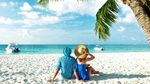 Honeymoon In Mauritius Love Couple Summer Sandy Beach Palm Tree Blue Ocean Wind For Sailing Yacht Blue Sky