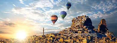 Turkey, hot air balloons, and Cappadocia, sunset
